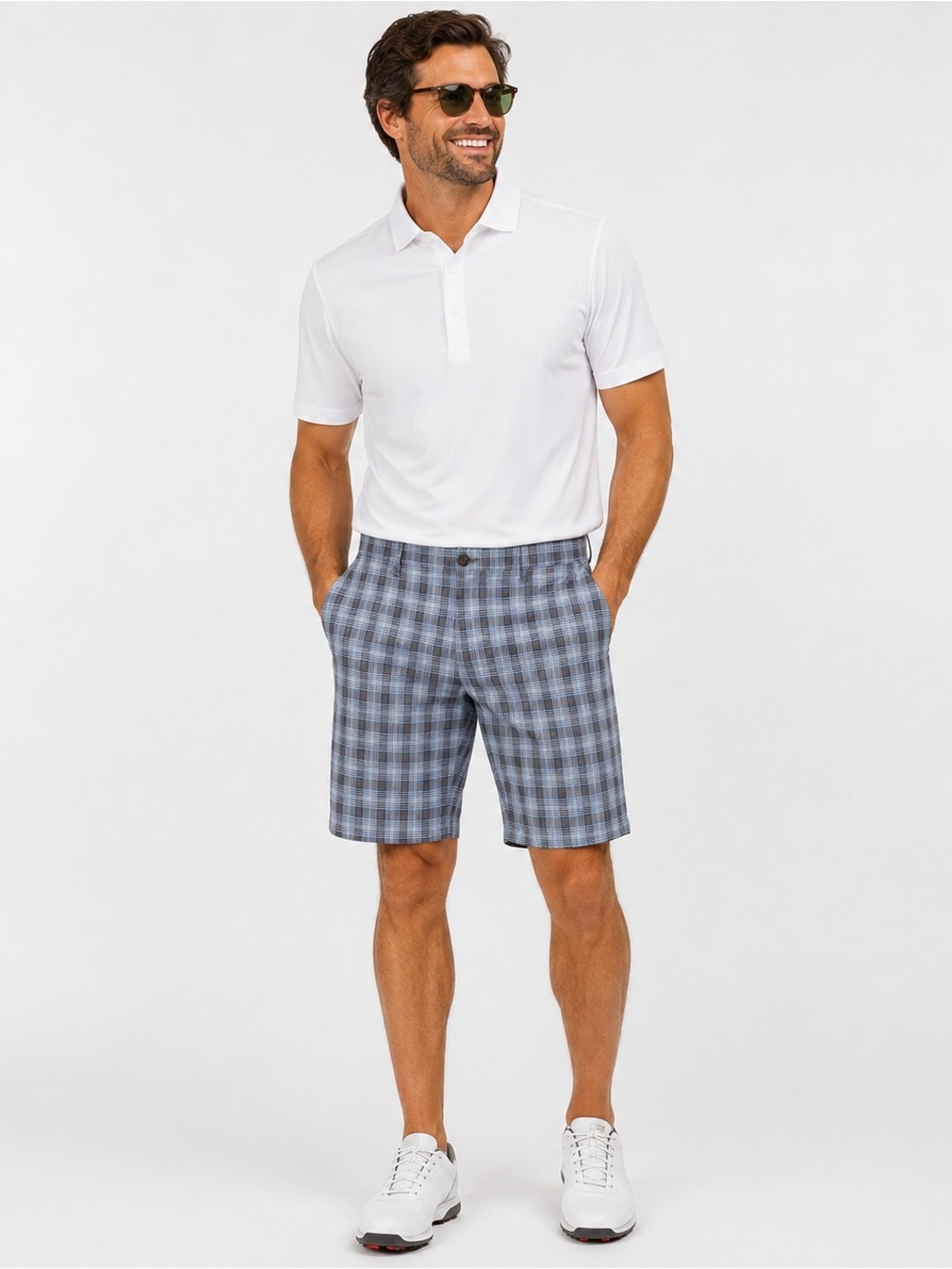 Cool 18 Pro Plaid Golf Shorts Men's Size 38 Blue Gray Flat Front Performance